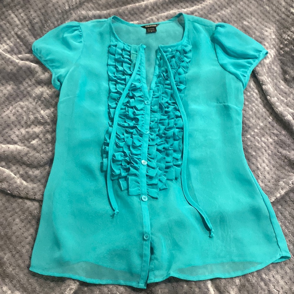 PC gorgeous teal turquoise sheer ruffled short sleeve top SzM